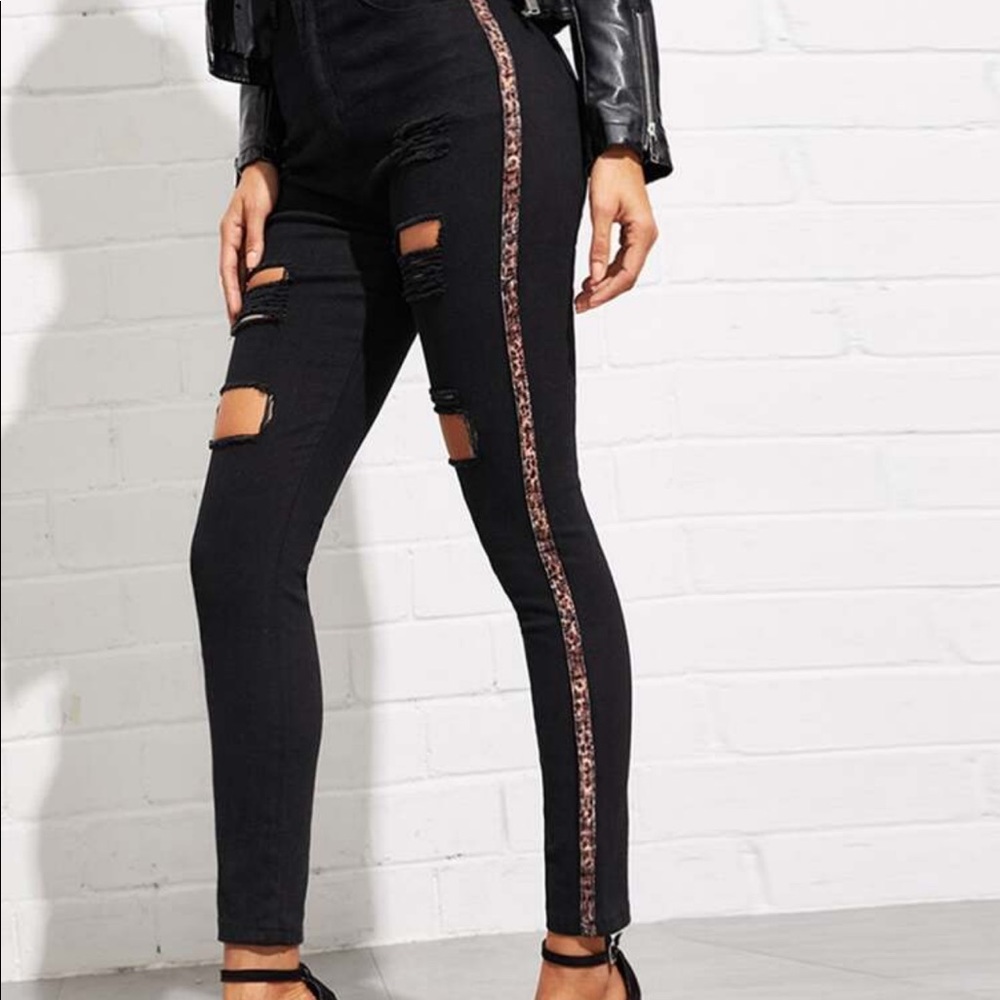 Black Skinny Distressed Jeans with Animal Print  Side Stripe